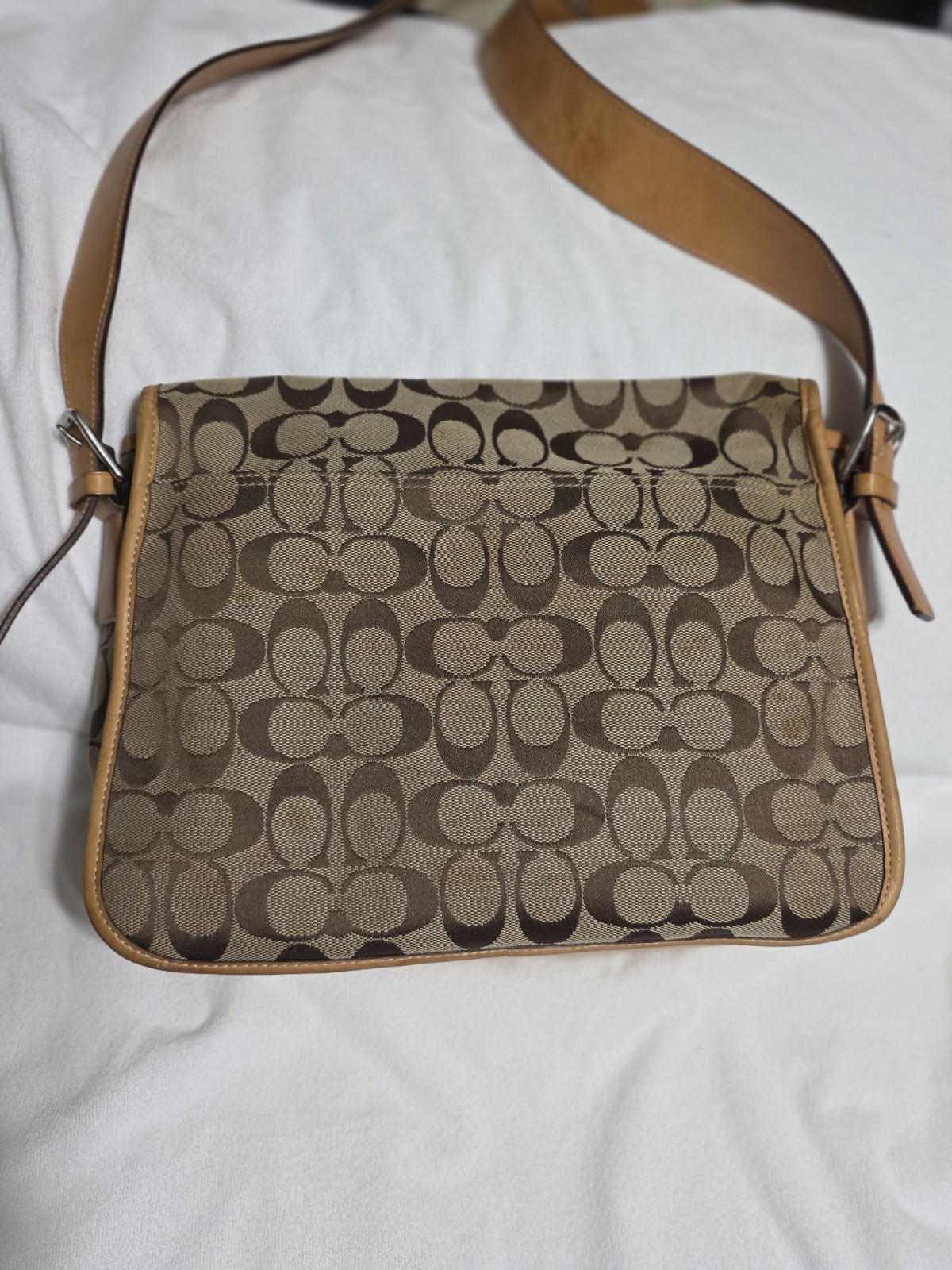 Coach Signature Monogram Crossbody Bag Buckle & Magnetic Closure Beige Brown