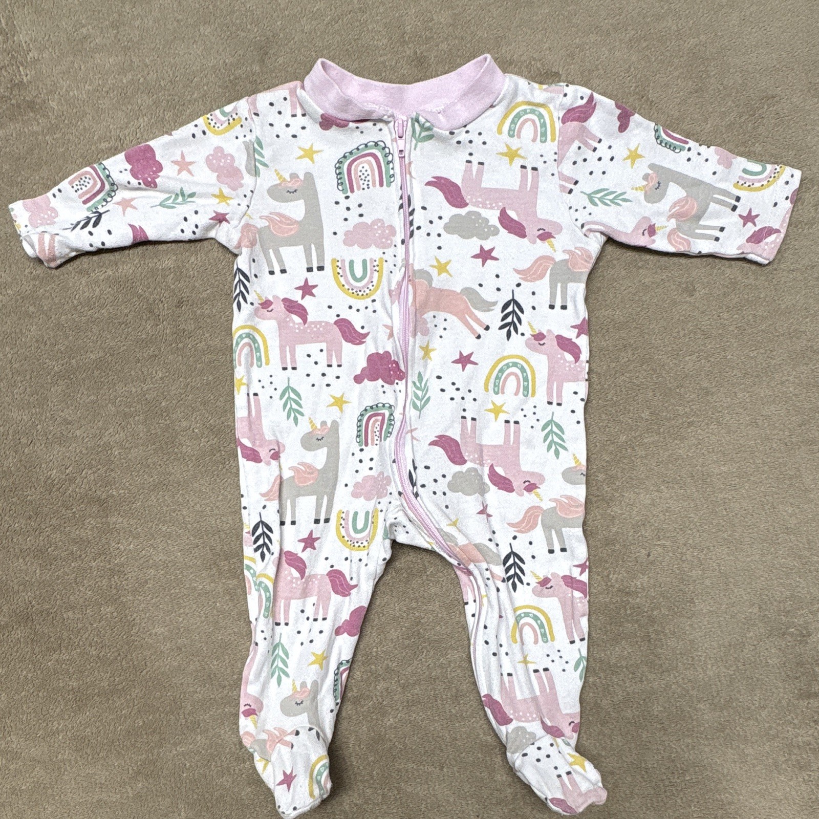 Stylish Baby 3-6 Months Girls Pink Unicorn Rainbow Footed Zip Cotton Sleeper