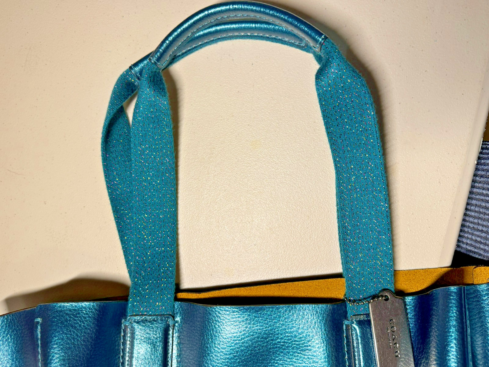 COACH Derby Tote Bag Metallic Pebble Leather Dark Teal Blue Green