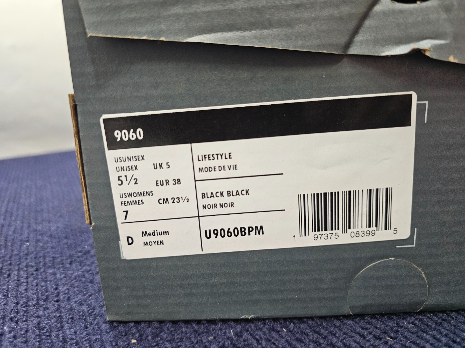 New Balance U9060BPM Triple Black Men’s 9060 Sneakers Size US 5-1/2