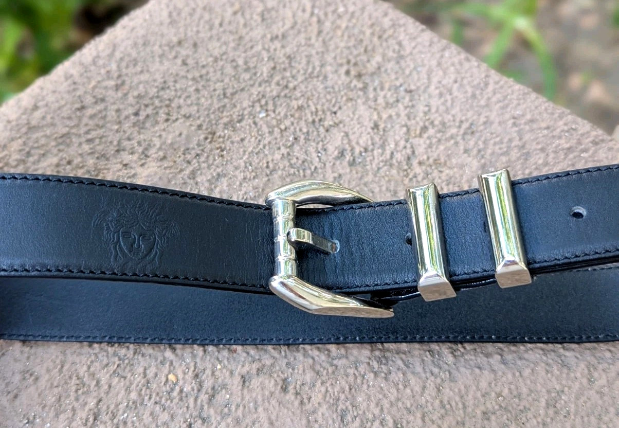 GIANNI VERSACE 90’s Silver Buckle MEDUSA Belt Black Leather Size 27 28 29 30 31″