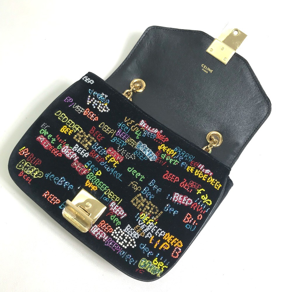 CELINE Small C Multi Beaded Chain Shoulder Bag suede Black x Multicolore
