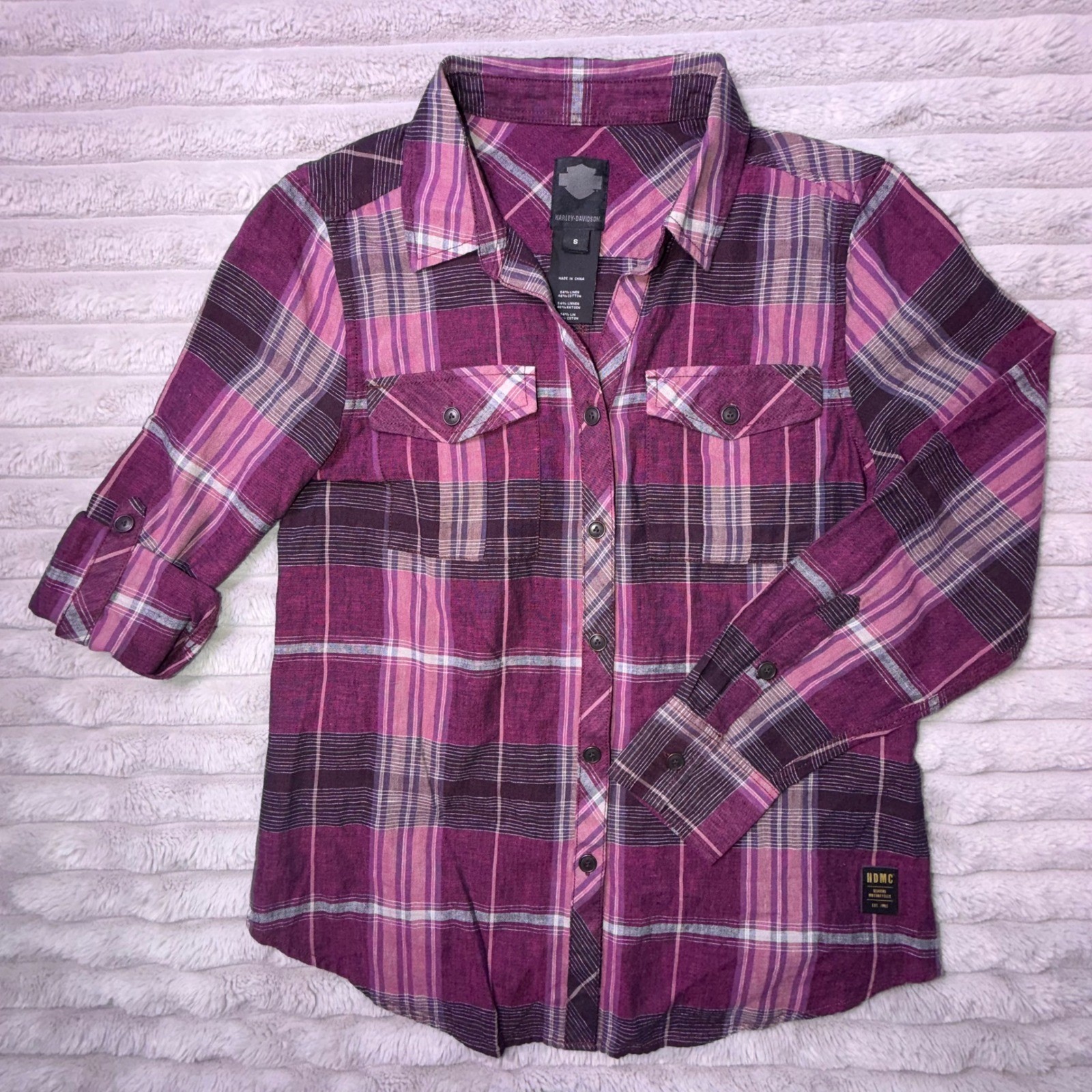 Harley-Davidson Womens Small Purple Plaid Linen Blend Roll Tab Button Down Shirt
