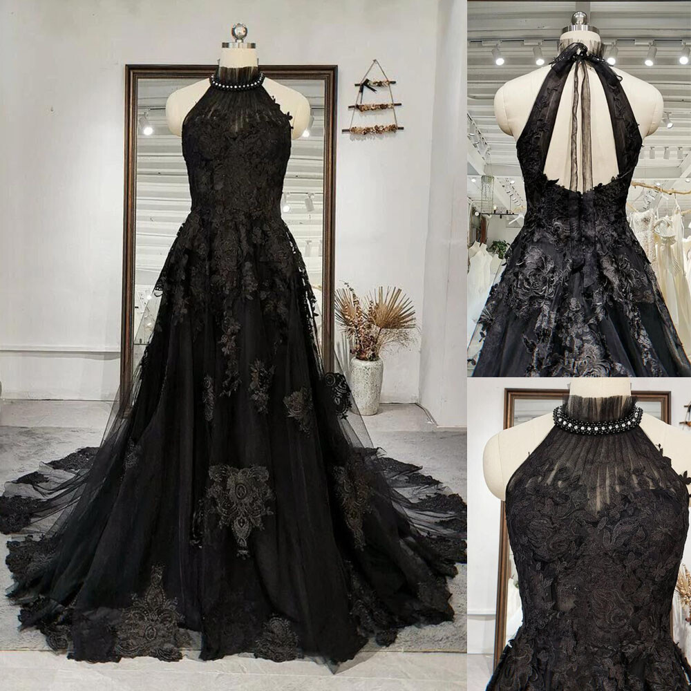 Gothic Black Lace Wedding Dresses Halter Neck Backless Sweep Train Bridal Gowns