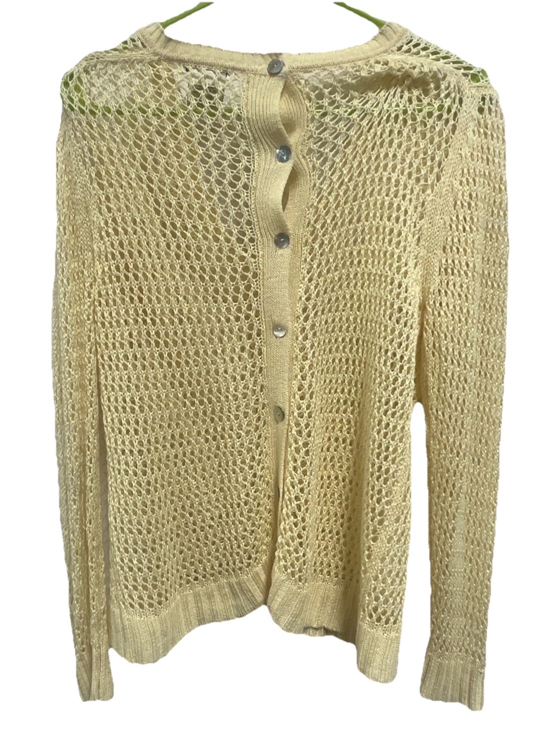 Avalin Yellow Open Weave Mesh Sweater Linen Blend Button Back Boho Coastal L