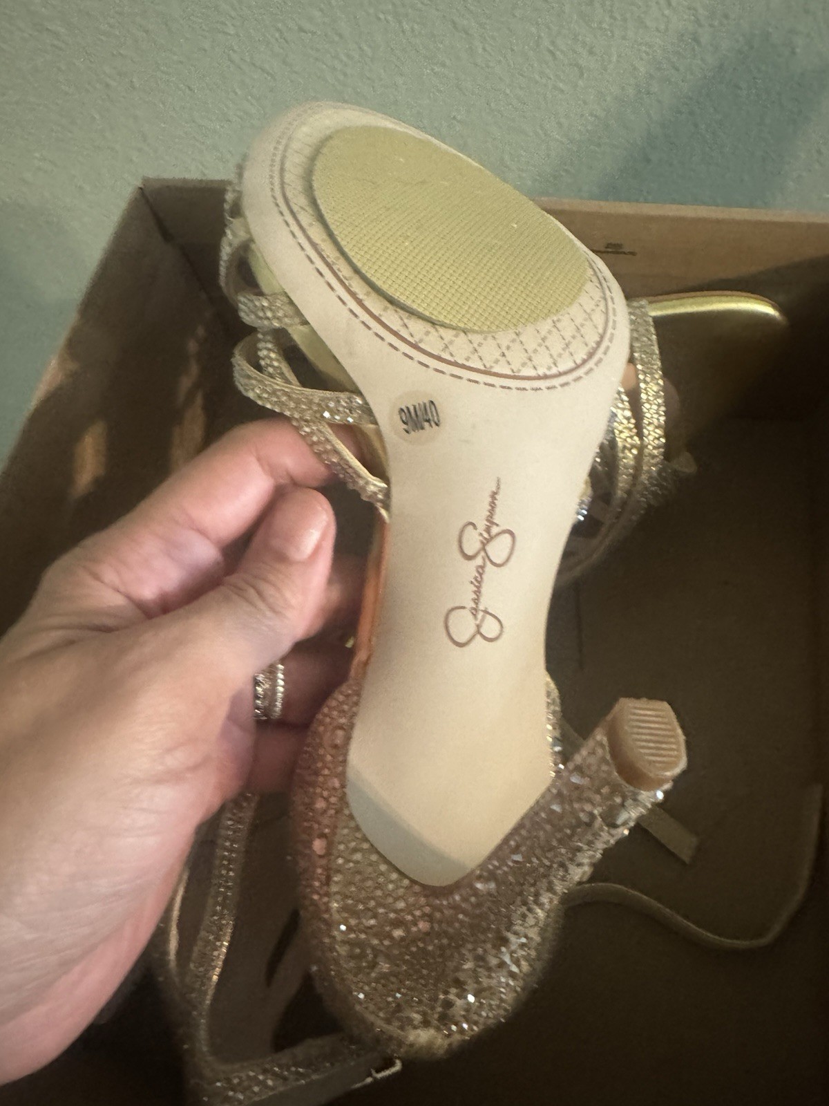 Jessica Simpson Women’s Gold Rhinestone Strappy Open Toe Stiletto Heels 9