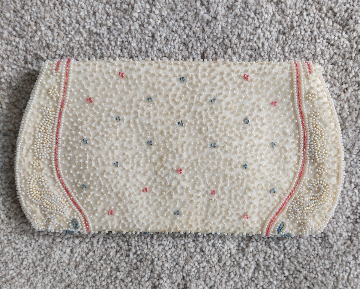 Vtg. Walborg Hand Beaded Clutch Purse Ivory Pink Blue Floral Made in W. Germany