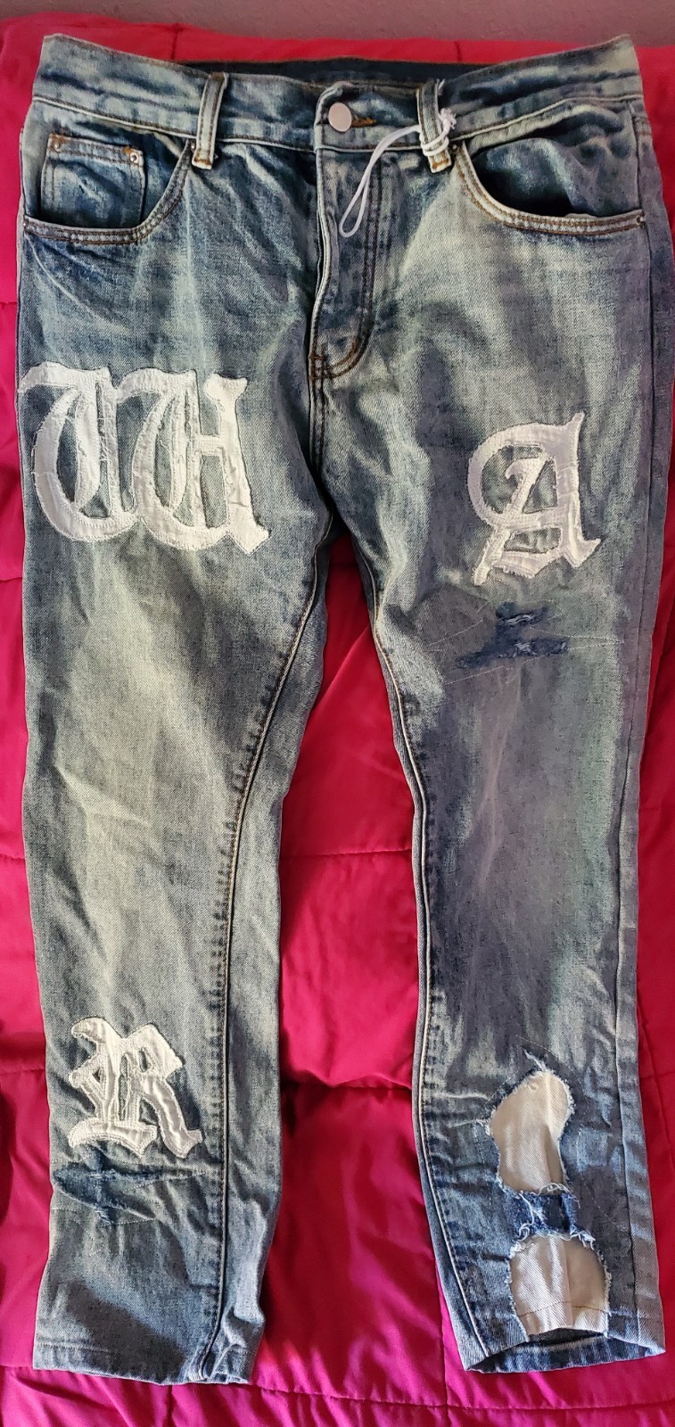 Mnml Patchwork Jeans Mens Blue Denim Logo Cotton Distressed 32×28