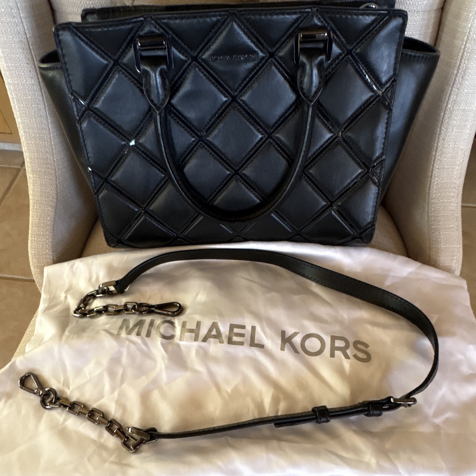 Michael Kors Black Quilted Selma Satchel Top Handle Zip, Detachable Strap