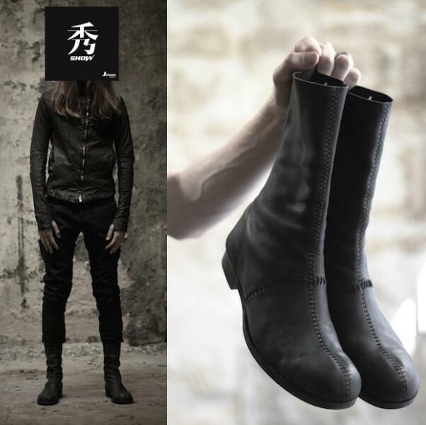 Men Real Leather Mid Calf Boots Shoes Round Toe Comfort Retro Handmade Stitching