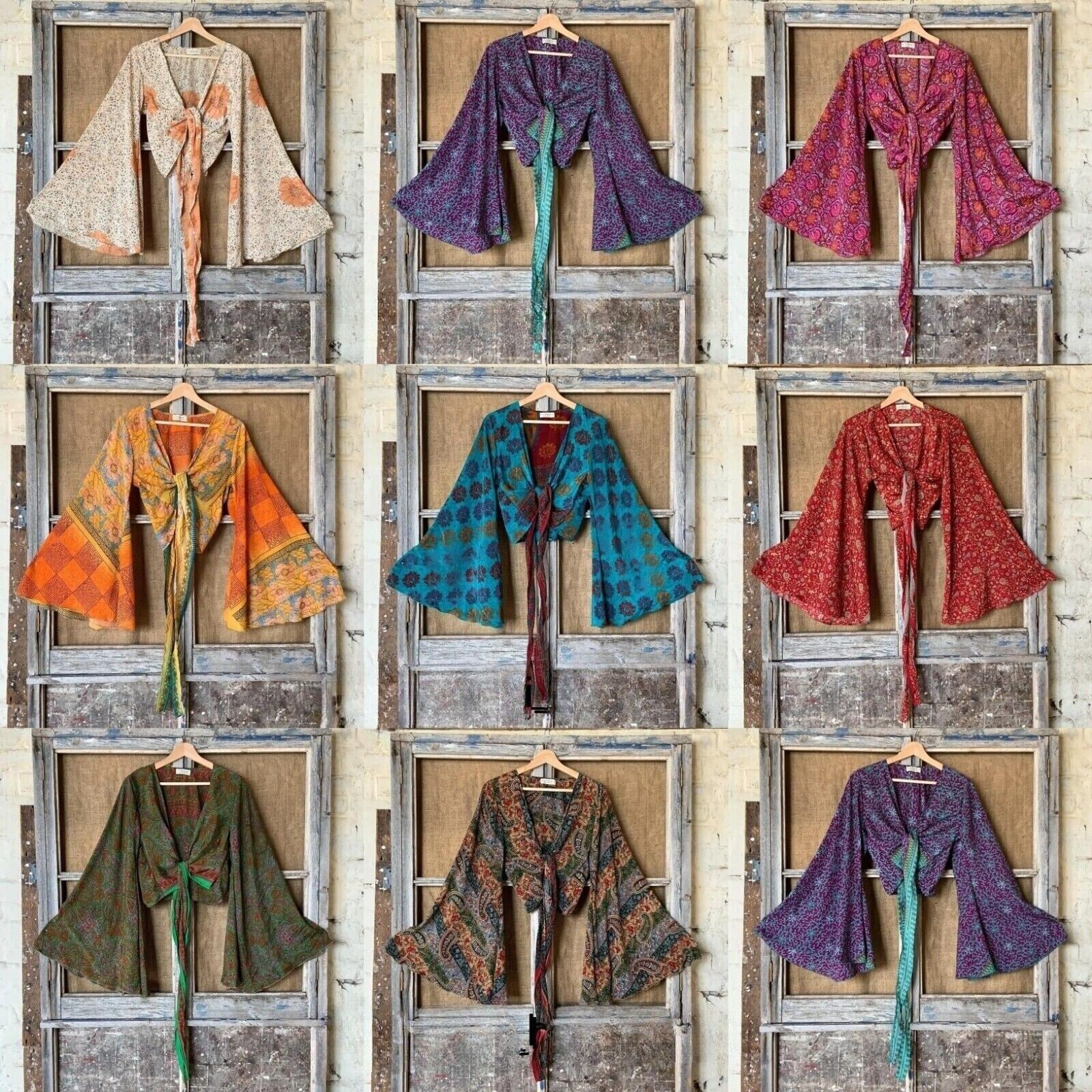 Wholesale 15 Pc Indian Vintage Silk Sari Bell Sleeve Crop Top Retro 60s Clothing