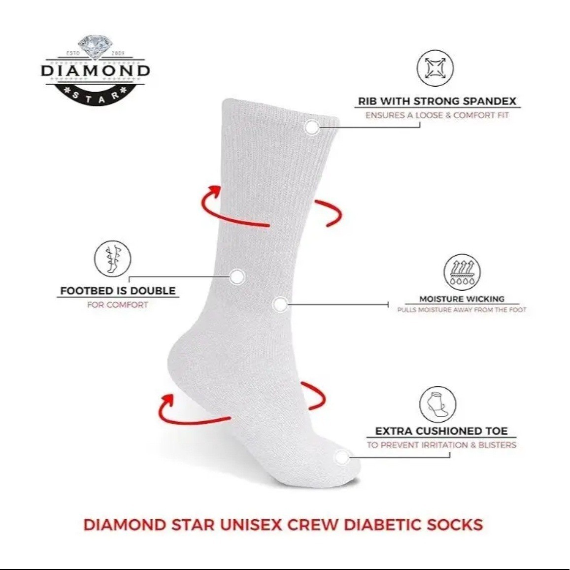 Diamond Star Diabetic Socks 13-15 Black Non-Elastic Loose Fit Top 10-13 3pk