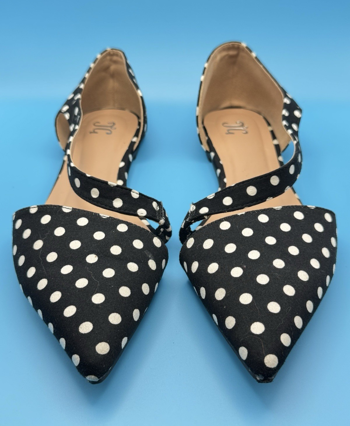 Women’s Black/White Polka Dot Pointed Toe D’Orsay Strap Flats 10