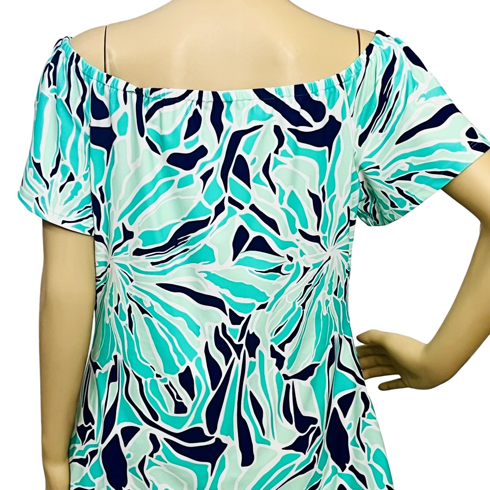 Britt Dress Resort Made USA Teal Abstract Print Pullover Shoulders Off Soft L