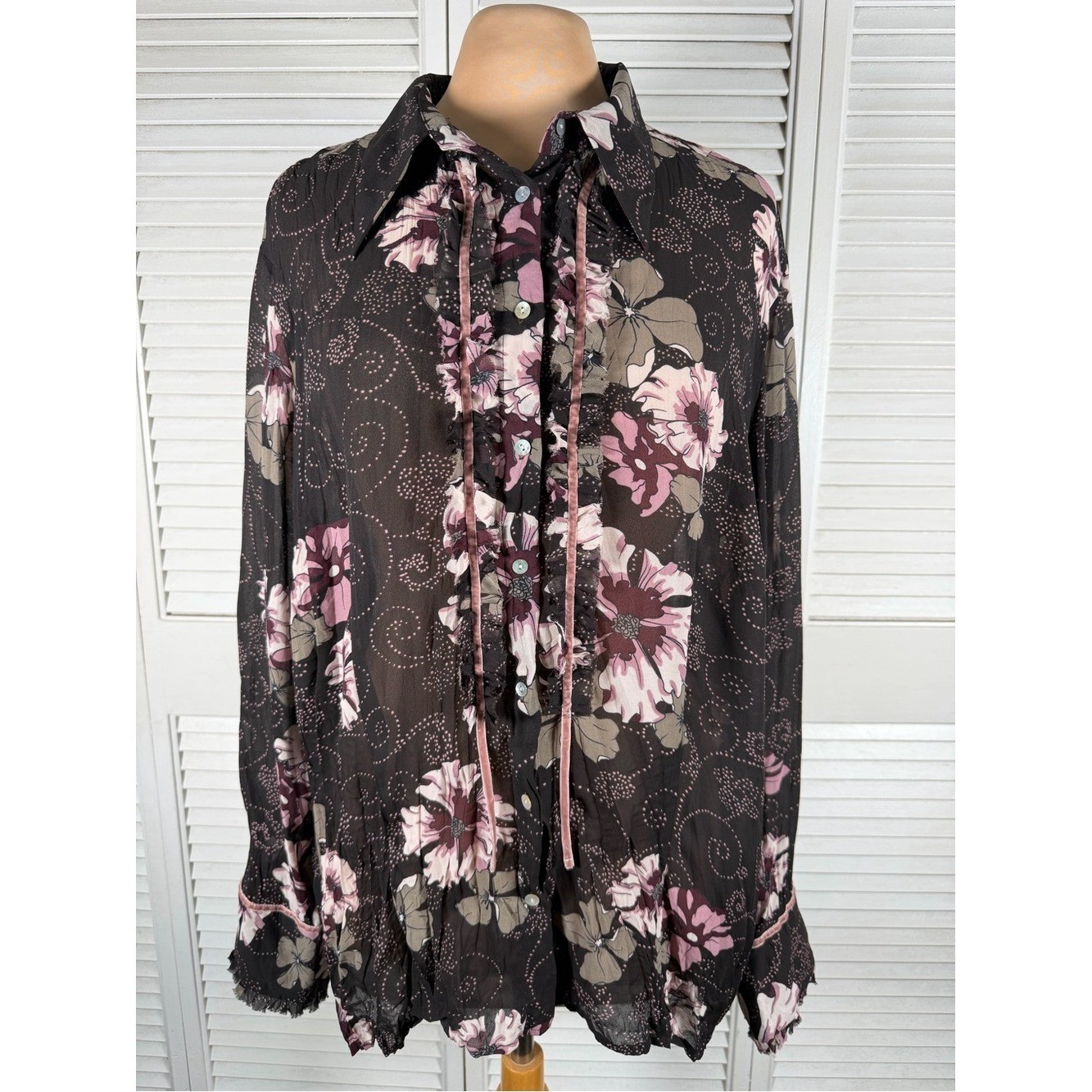 Violet & Claire Floral Mesh Blouse Sheer Ruffle Tie Neck Long Sleeve
