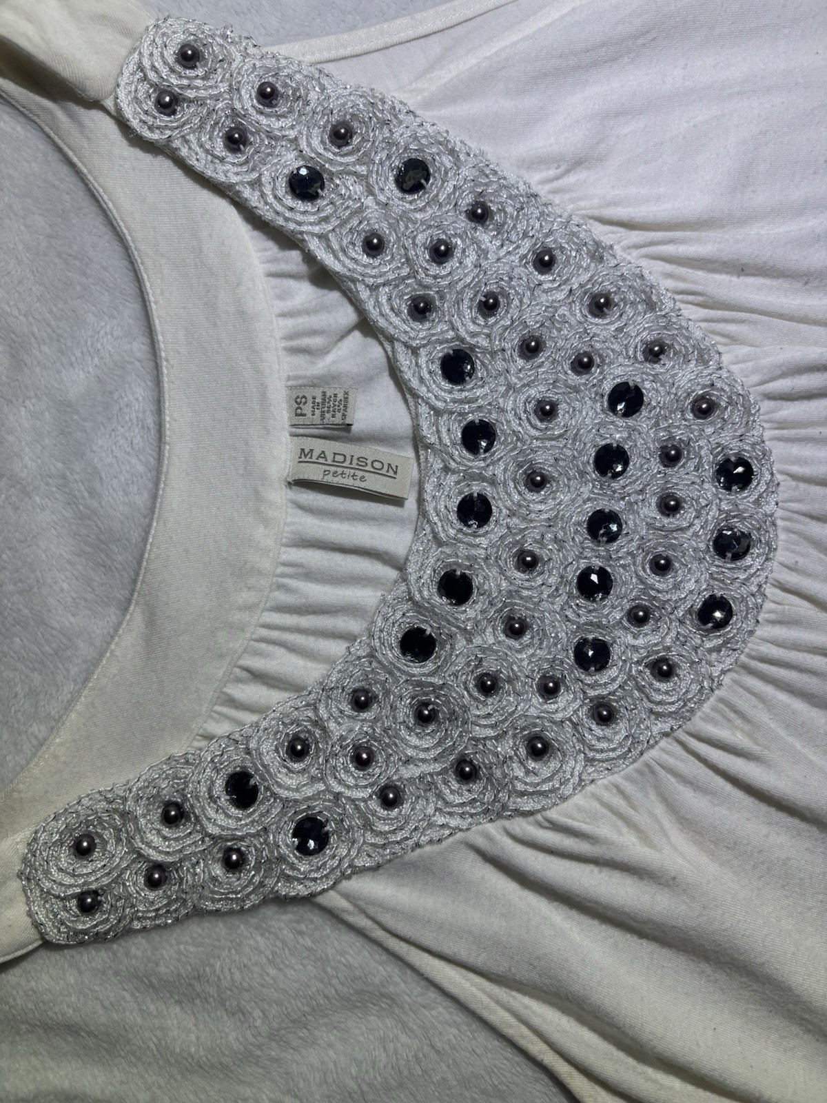 Madison Petite White Tank Top Embellished Silver Beads & Gray Stones Neckline