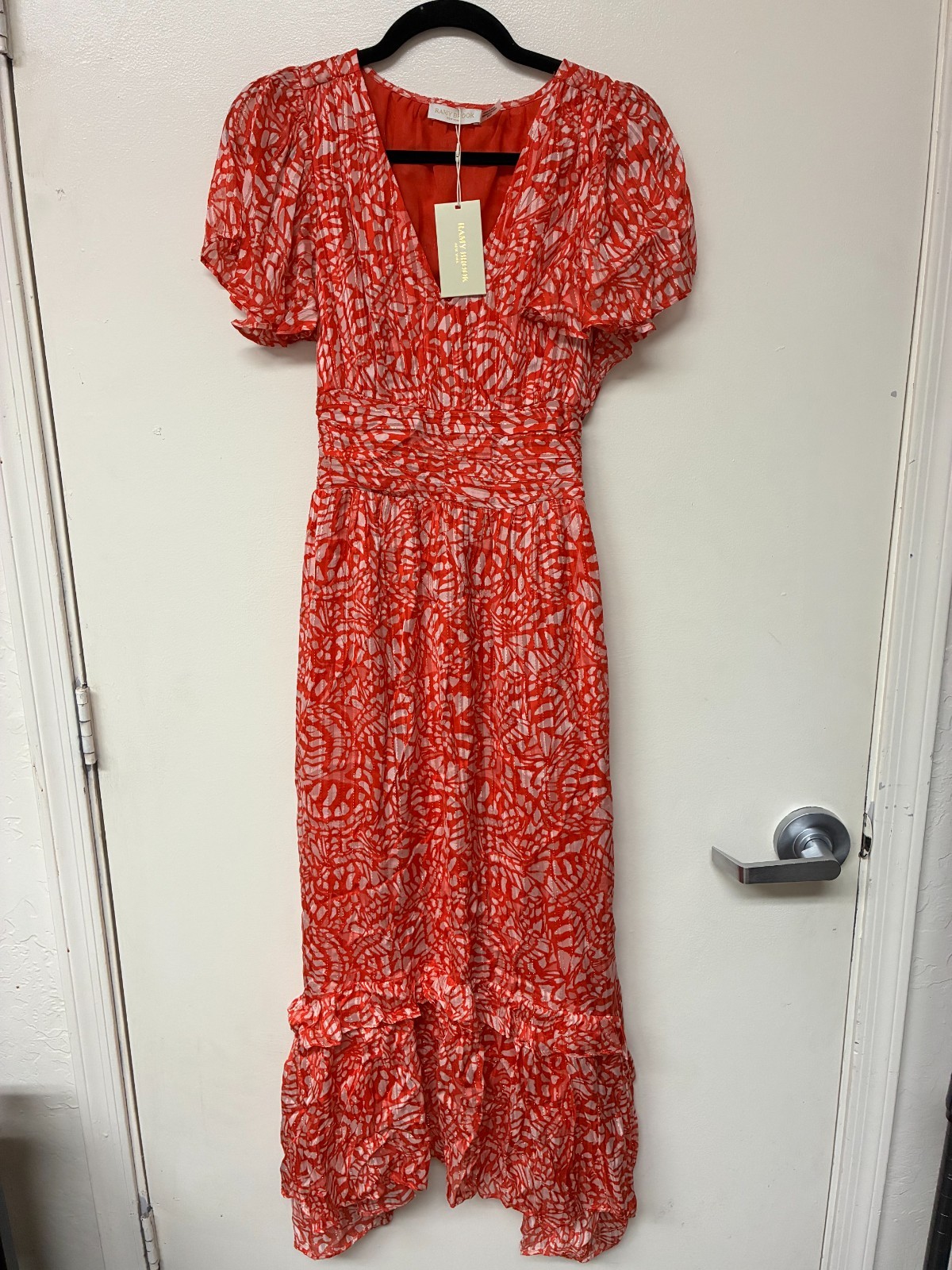 Ramy Brook Printed Ruffle Dress Red And White V Neck Size XS