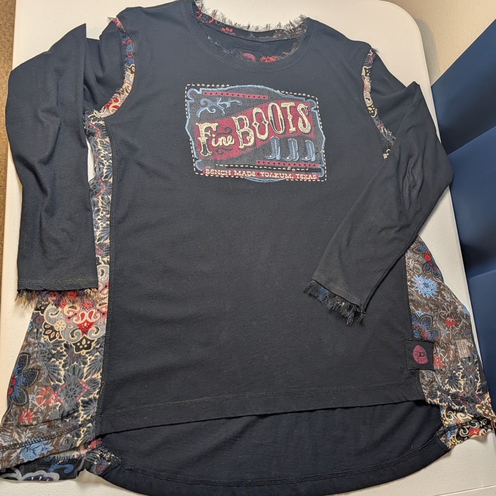 Double D Ranch Fine Boots Tunic L Embroidered Western Sheer Panel Black Top