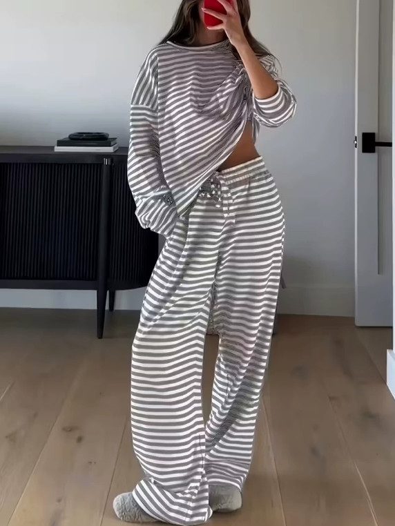 Unisex Striped 2Pcs Lounge Set Long Sleeve Top High Waist Pants