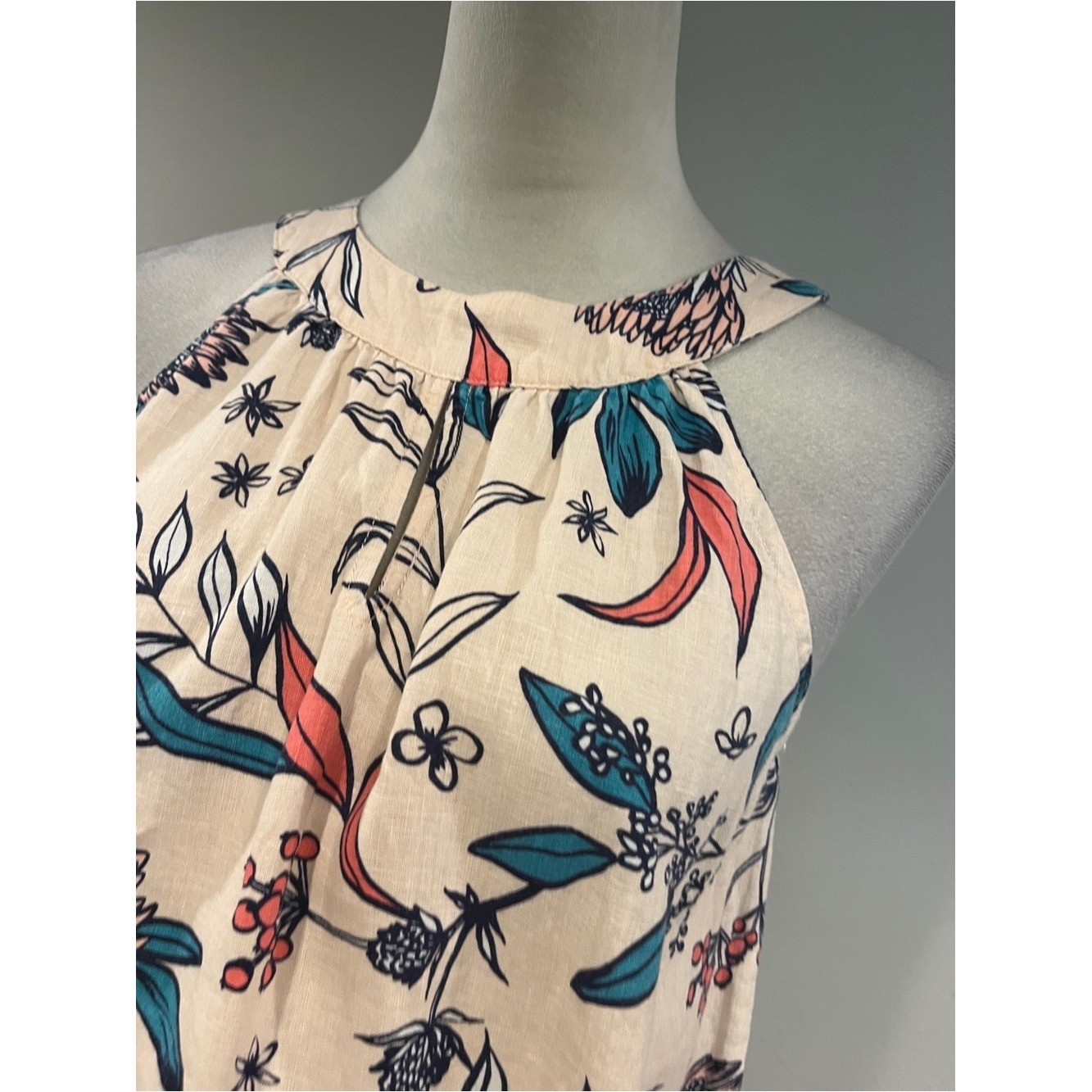 Rachel Ashwell Sleeveless Floral Halter Dress in Cream with Teal & Coral Accents