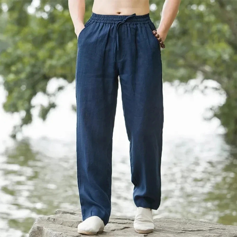 Mens Cotton Linen Loose Pants Casual Drawstring Beach Yoga Baggy Long Trousers