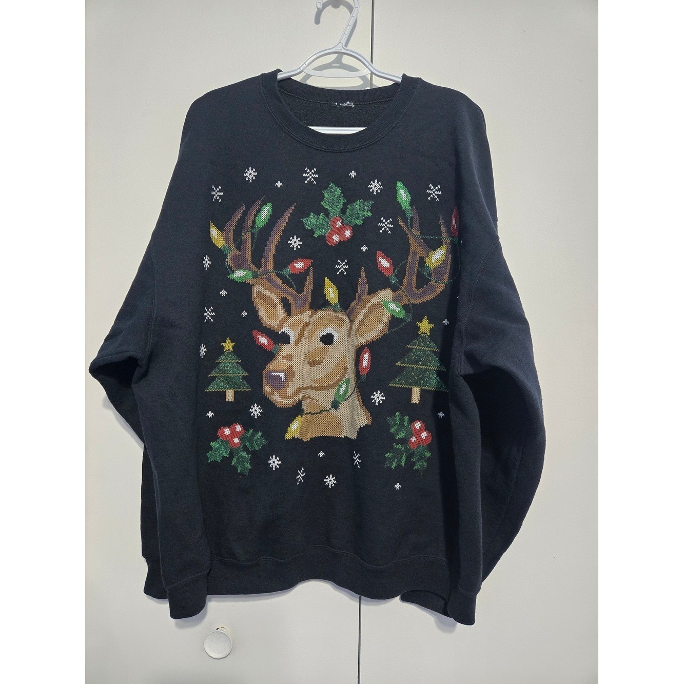 Ugly Christmas Sweater Reindeer Lights Graphic Black Crewneck Holiday Pullover