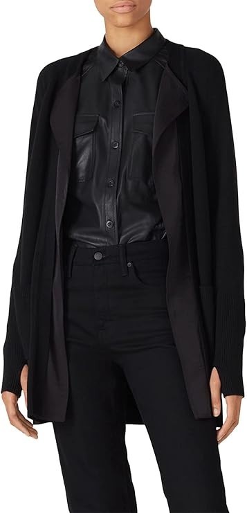 KaufmanFranco FAB! Woven Mixed Media Pocket Thumbholes Open Cardigan in Black L