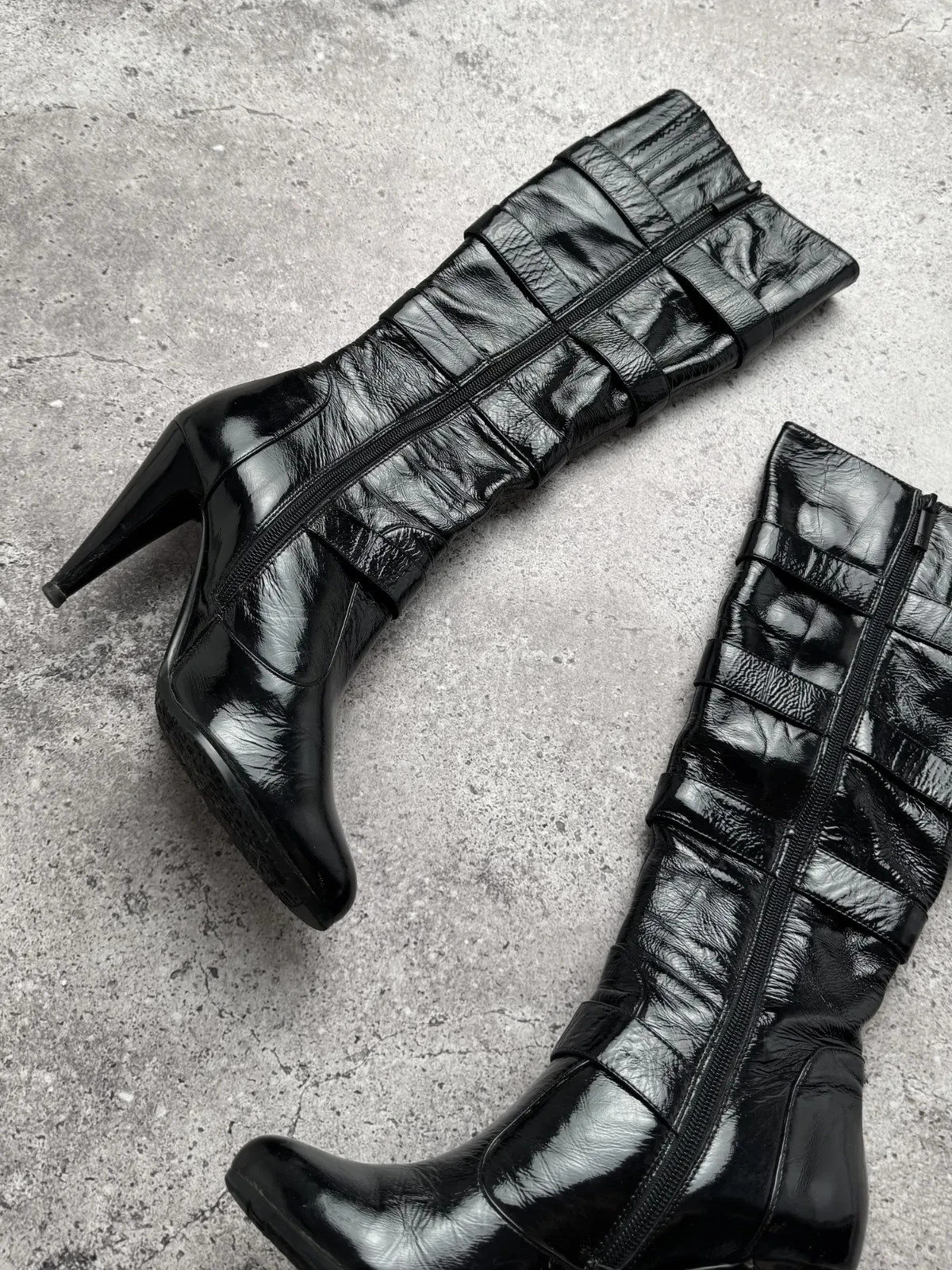 Vintage Black Patent Leather Knee High Boots Womens 36 Buckle High Heel Goth