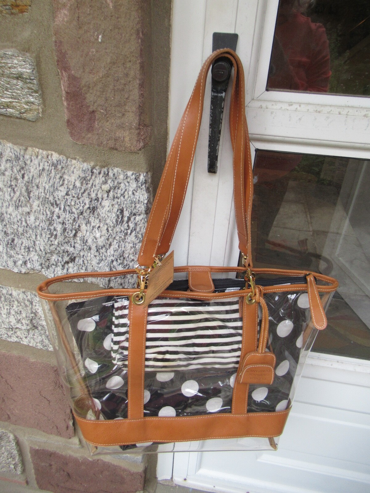 NWT Clever Carriage Co. Large Clear Tote/ Leather Trim/ Striped/ Polka Dot Bags