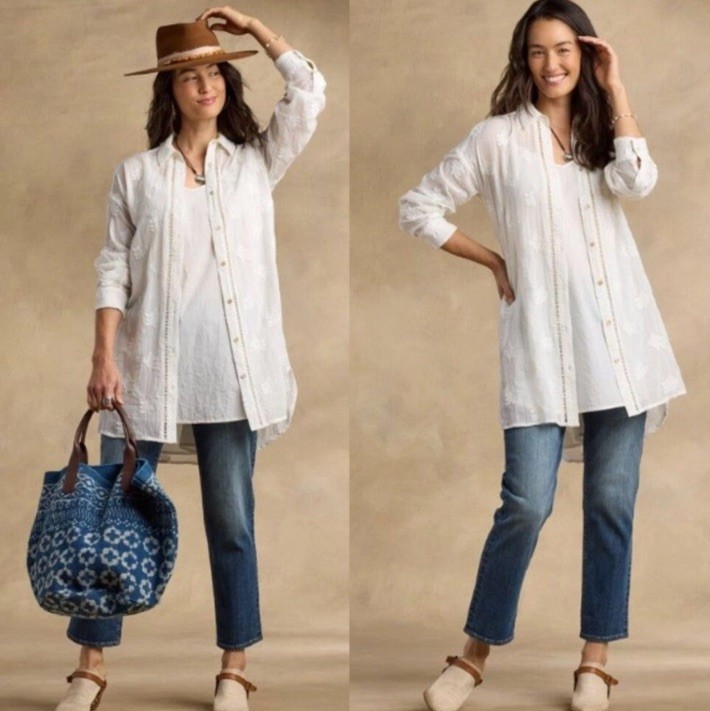 NEW! SUNDANCE LIVING CATALOG Cloverfield Embroidered TUNIC Shirt Top White M