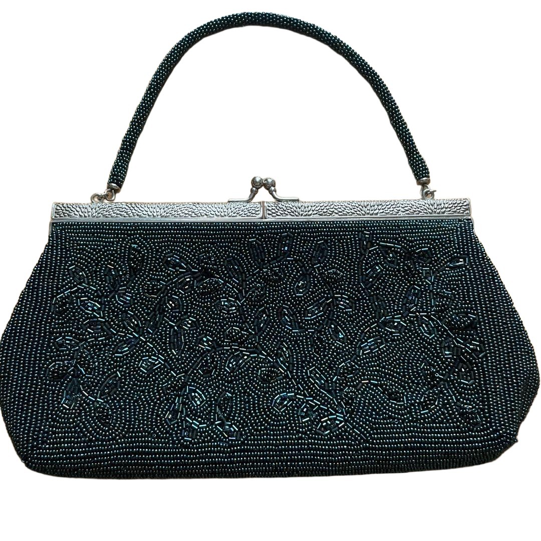 Dark Green Beaded Party Bag with Floral Pattern, Clasp Closure, 9.8×5.7 inches