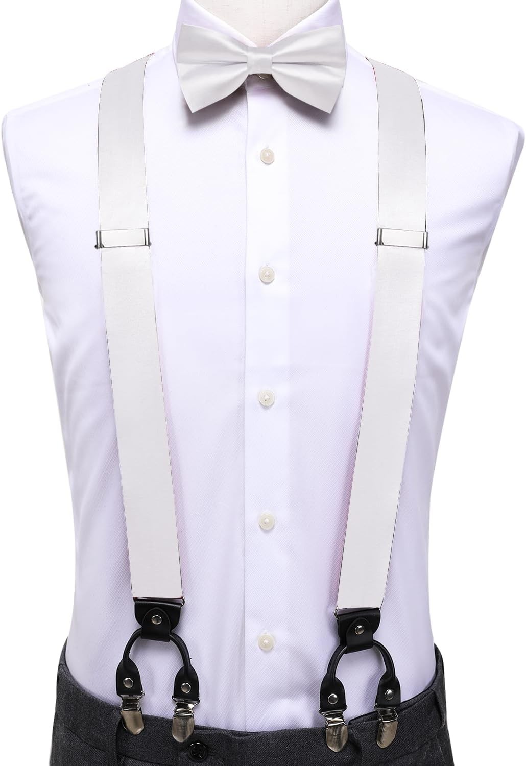 Hi-Tie Men Suspender Bowtie Set Suspenders Pre-tied Bow Tie Pocket White