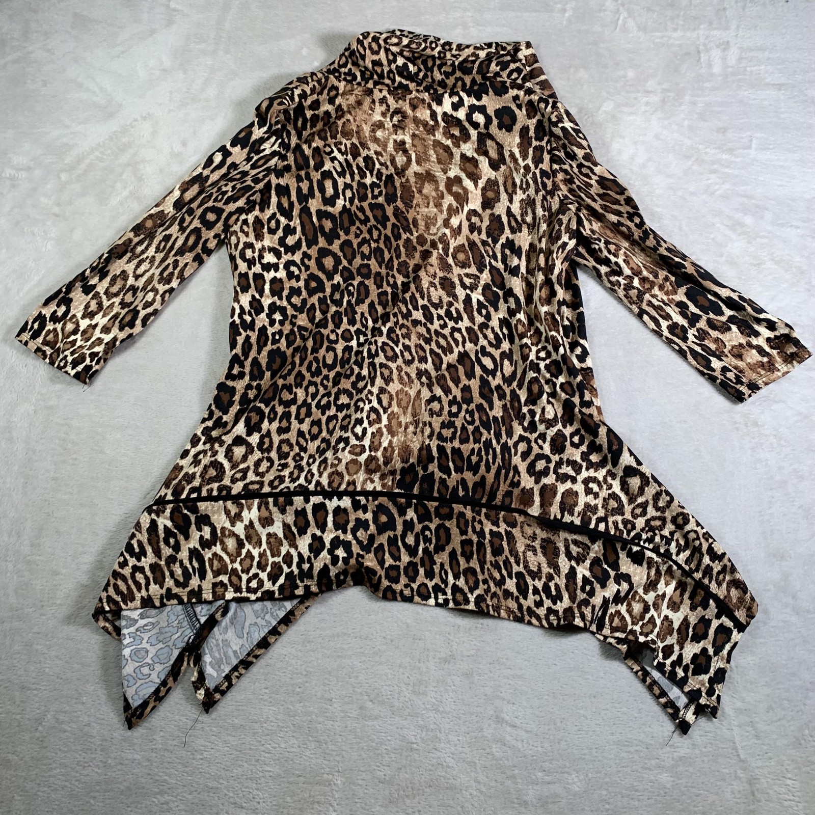 Coco Bianco Tunic Womens Large Leopard Cowl Neck 3/4 Sleeve Hanky Hem Made USA