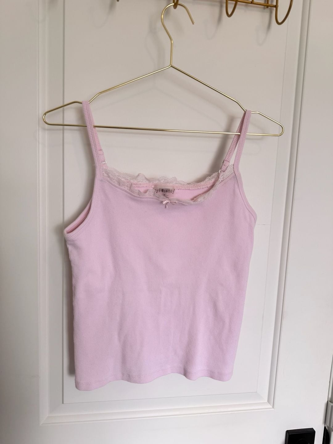 Eye Candy Ribbed Baby Pink Cami Tank Top with Lace Trim and Bow