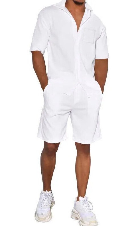 New Men’s Luxury Linen Casual Walking Shirt w/ Shorts 2pc Set