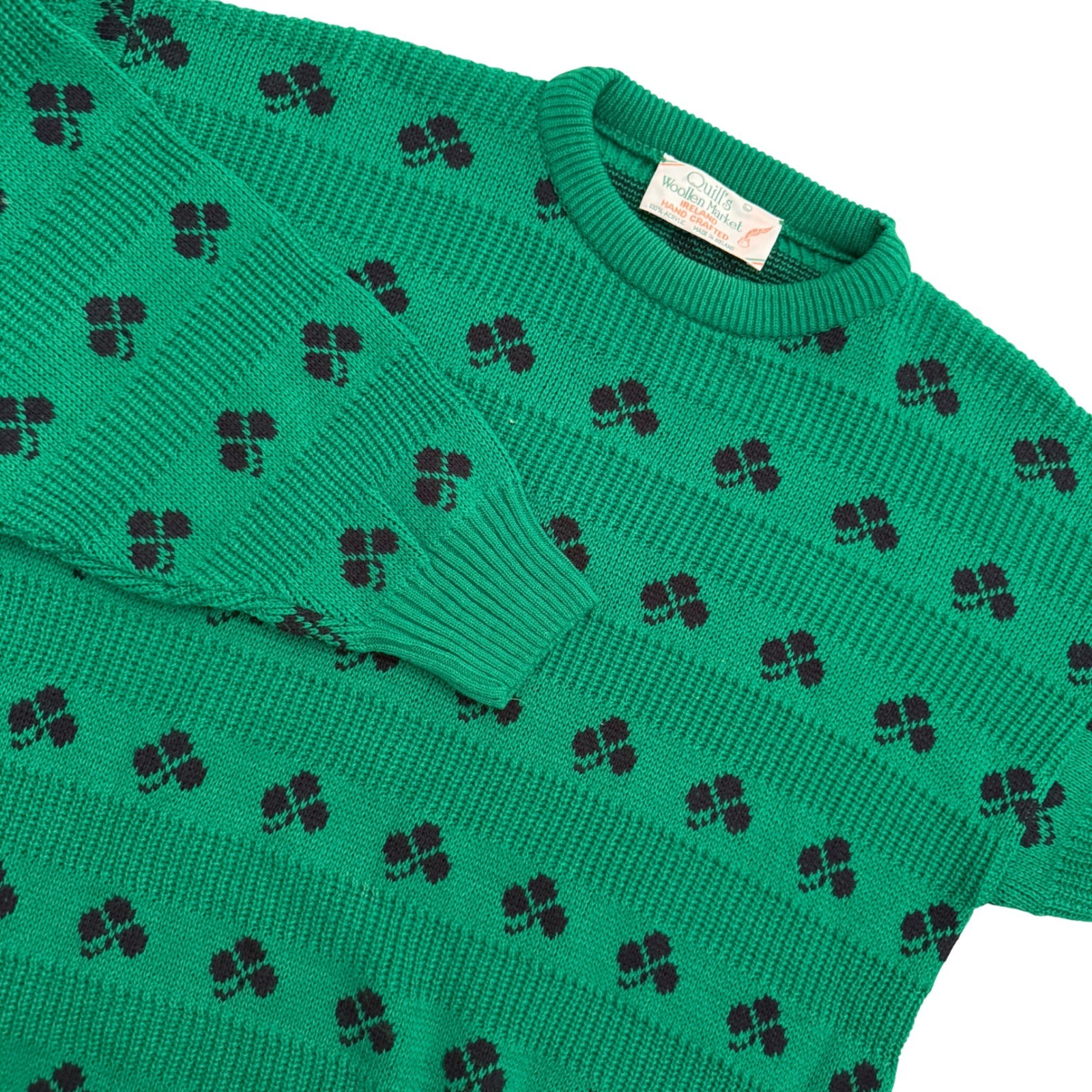 VTG Quills Woollen Market Unisex Ireland Hand Crafted Green Shamrock Sweater L
