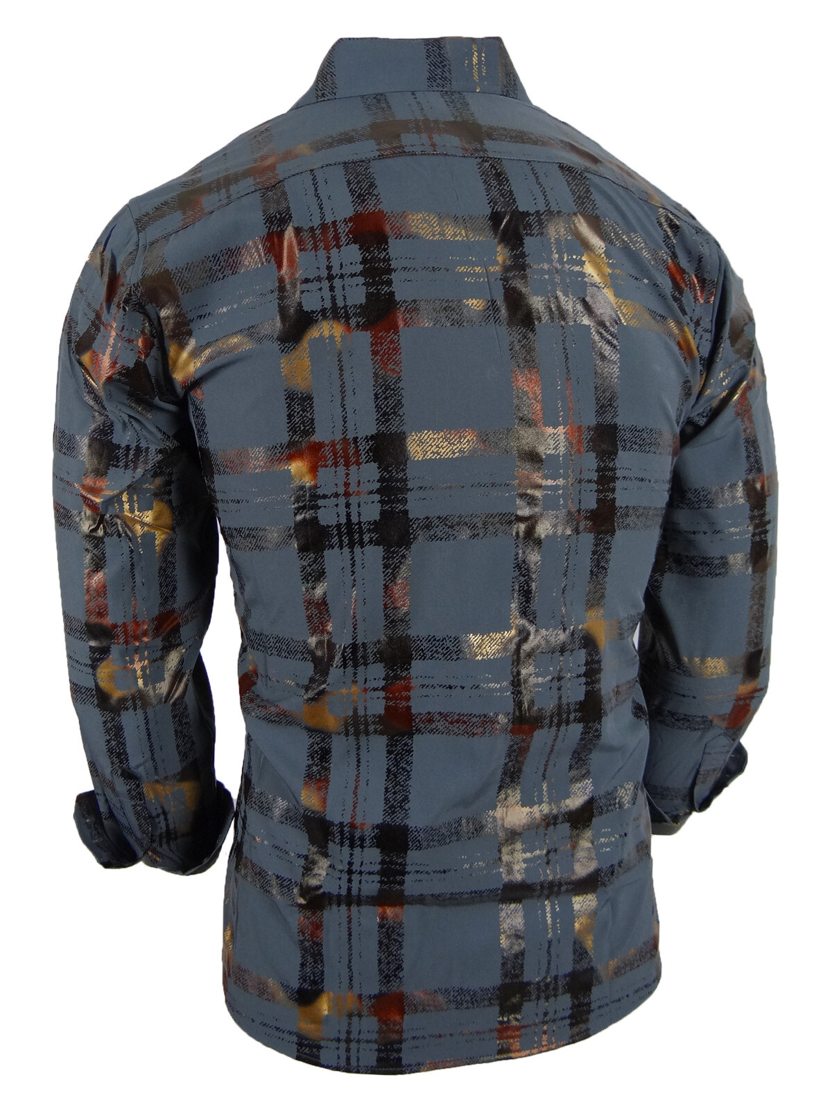 Mens Shirt Designer Plaid Print Bronze Leaf Foil Overlay Stretch Slim Fit Button
