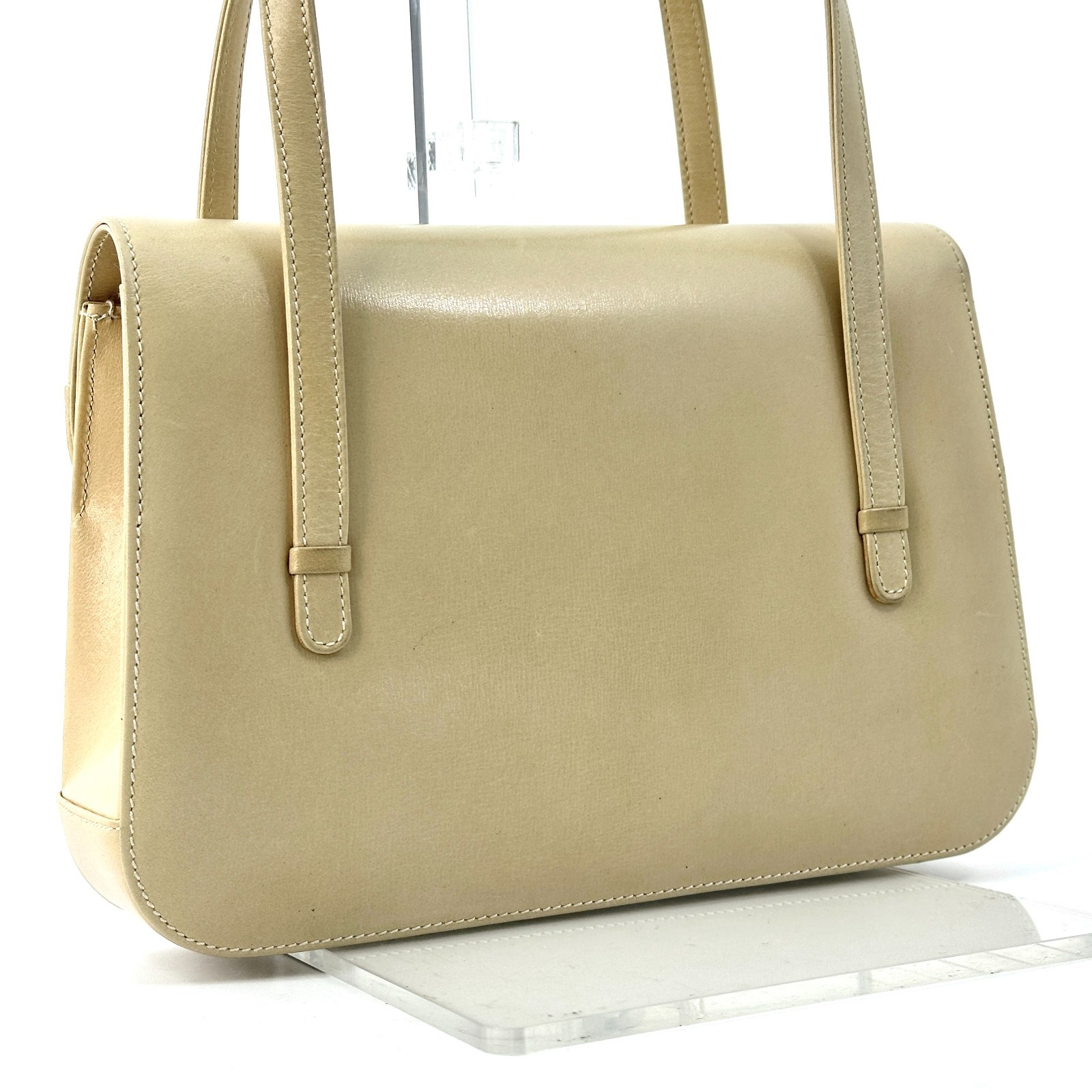 Vintage Gucci Interlocking Hand Bag Leather Beige White Auth
