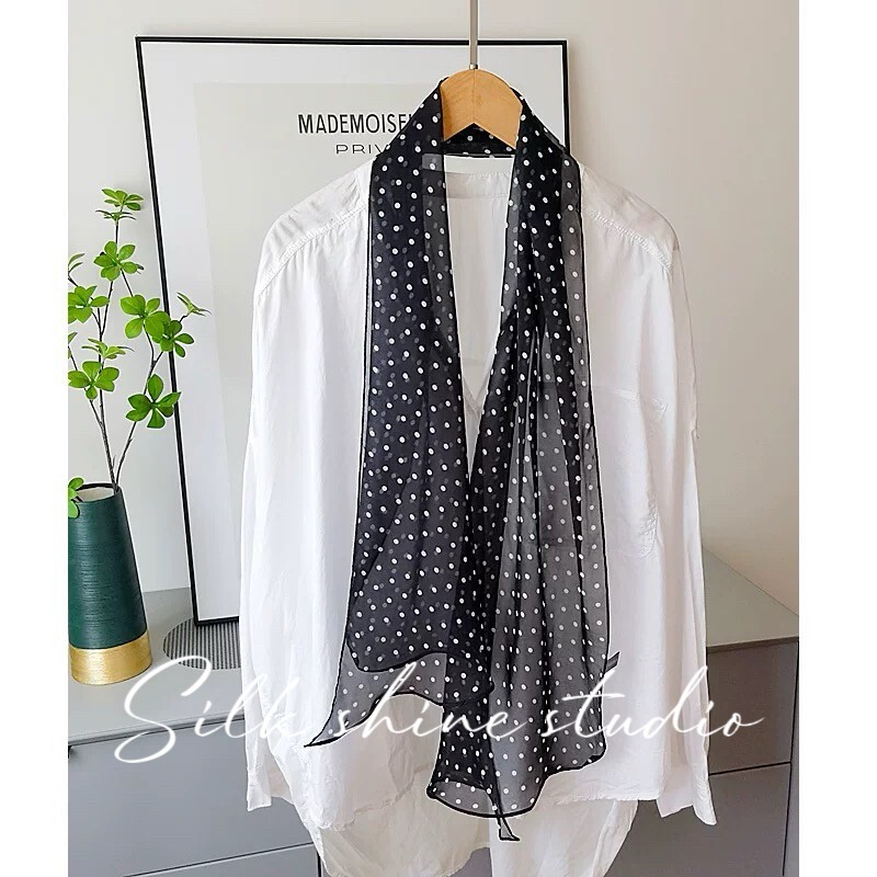 Chic Black & White Polka Dot 100% Silk Scarf -Lightweight 63″x12″ Oblong Summer