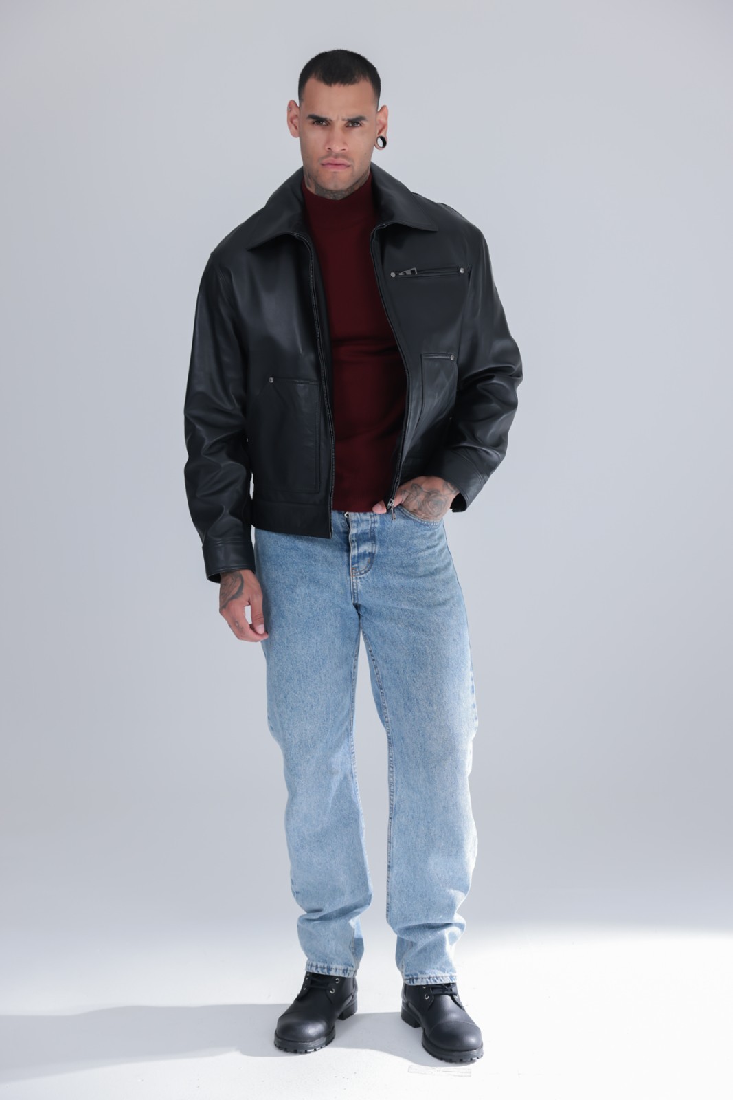 Men’s Genuine Leather Cafe Racer Jacket Black Zip Point Collar 25″ – 65cm
