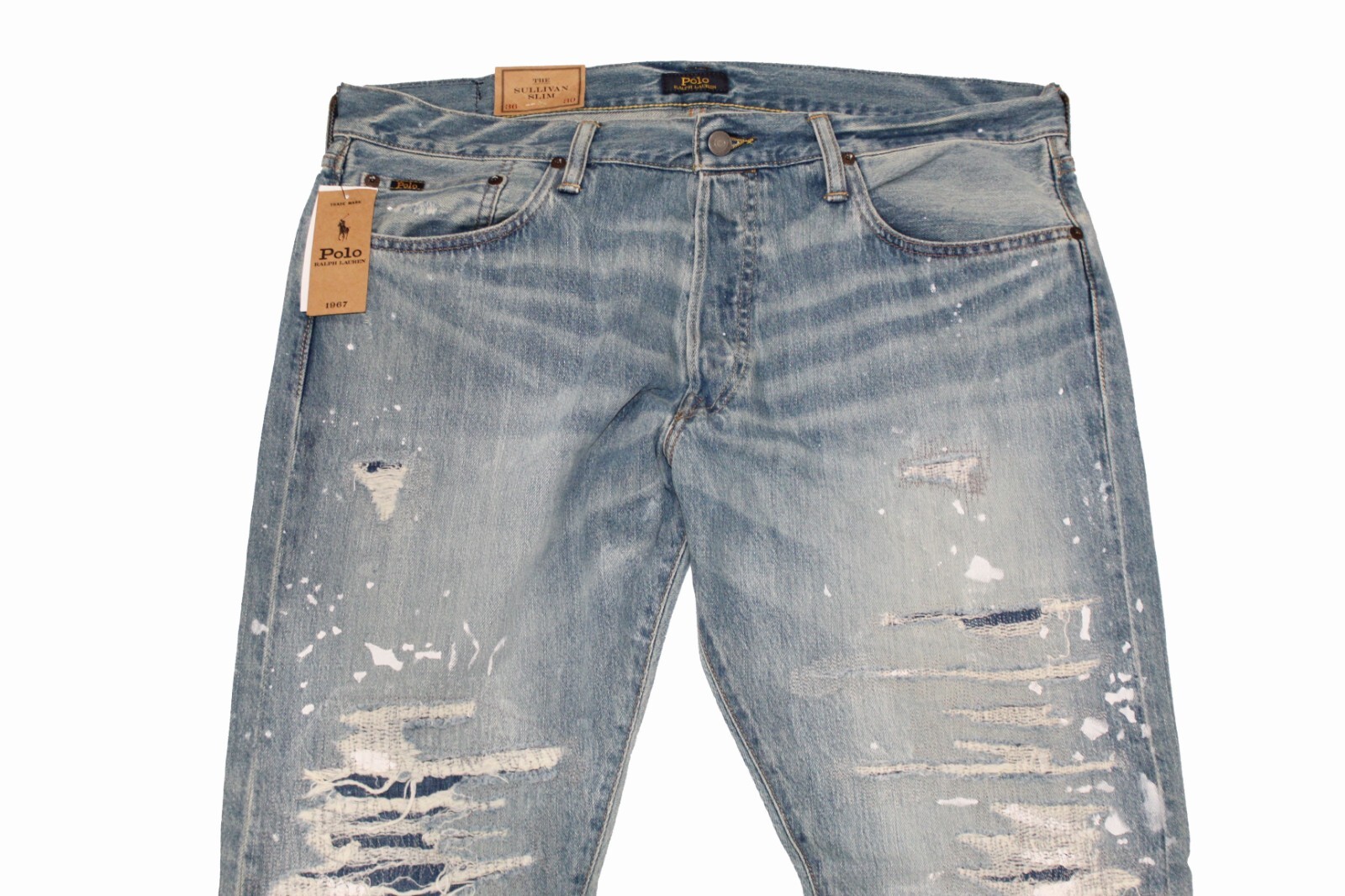 Polo Ralph Lauren Sullivan Slim Patchwork Distressed Paint Splat Denim Jeans NWT