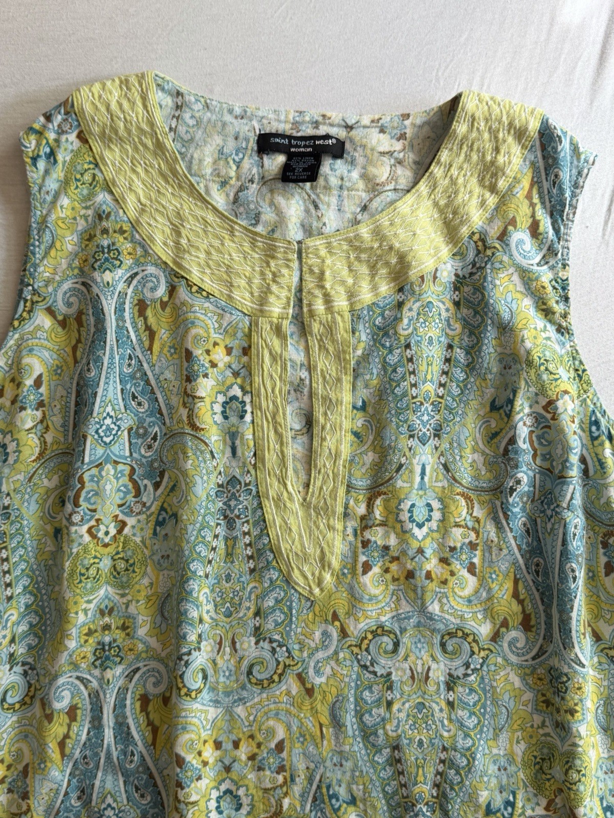 Saint Tropez West Women’s Plus 2X Paisley Sleeveless Tank Blue Green Linen