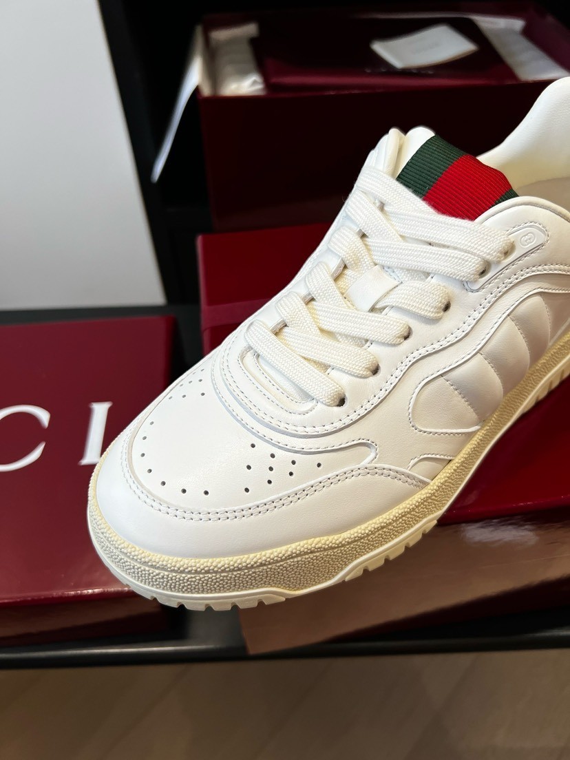 Gucci Men US11.5 White Leather Low Top Sneakers Web Stripe Vintage Thick Sole