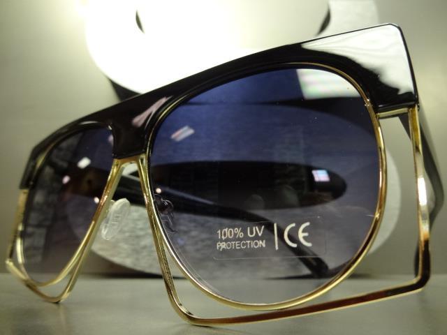 OVERSIZED Exotic VINTAGE RETRO Style SUN GLASSES Unique Funky Black & Gold Frame