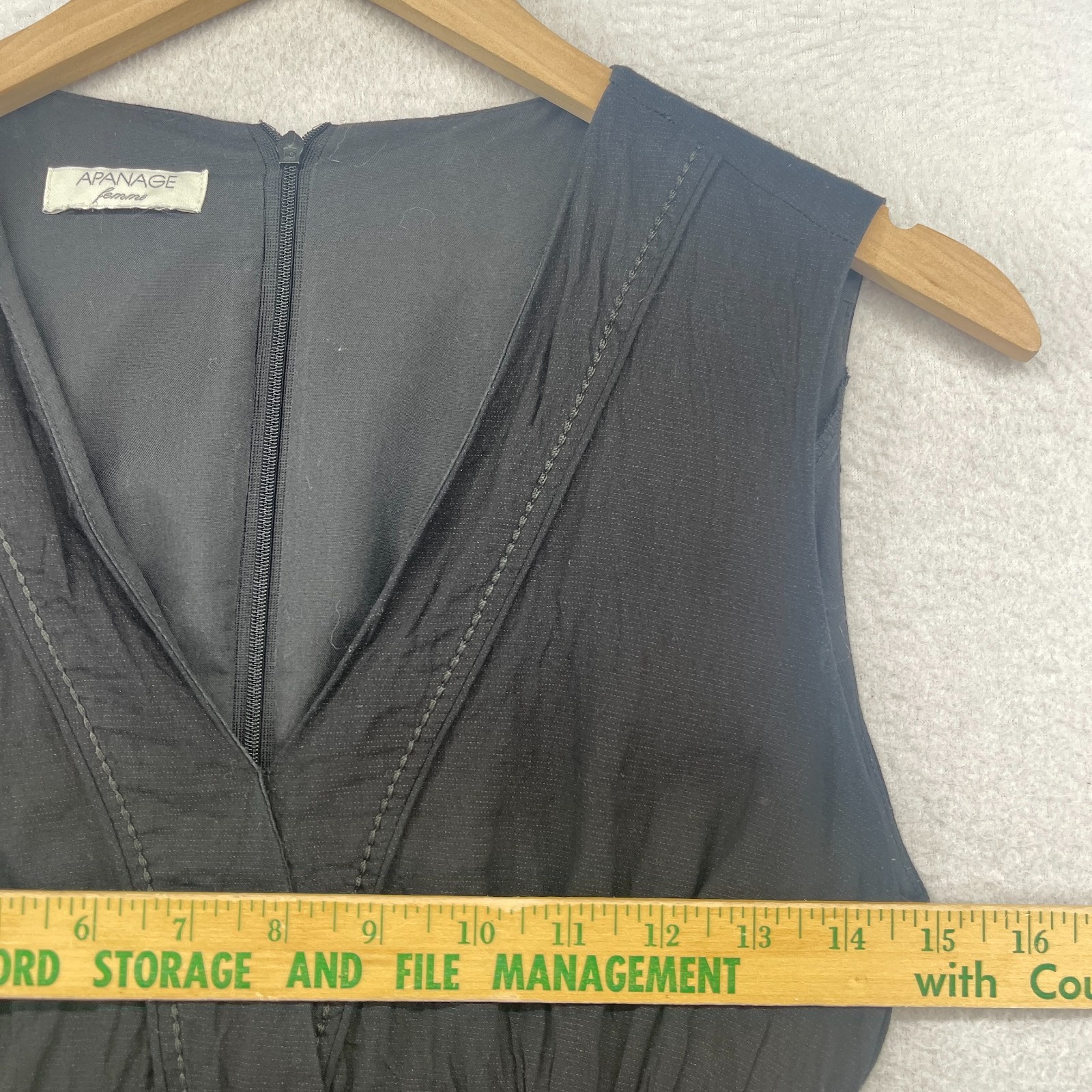 APANAGE Dress 6 Cotton Metallic Crinkle V-Neck Sleeveless Back Zip Tie Black