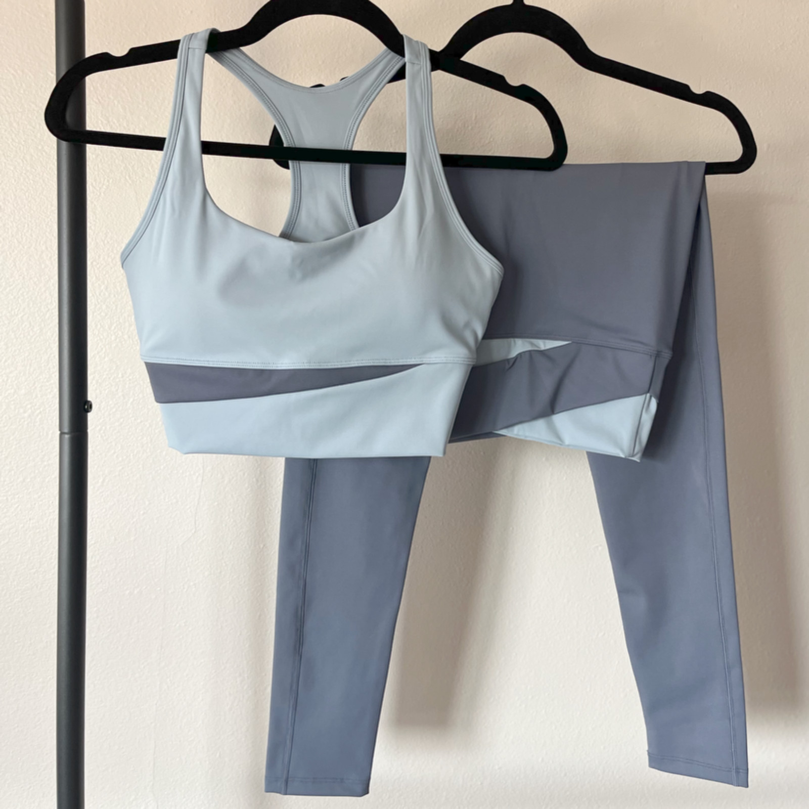 Womens 2Pc Yoga Set 2-tone blue High Waist Leggings Racerback Sports Bra New