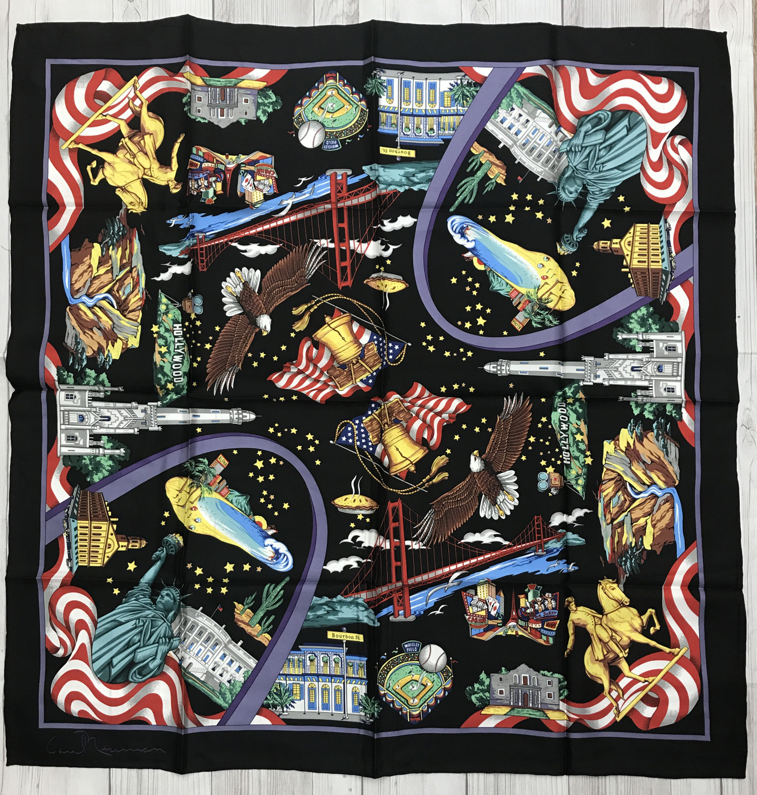 NEW CARAL NEWMAN City Scarf 100% Silk USA Landmarks Black Eagle 34”x34”.