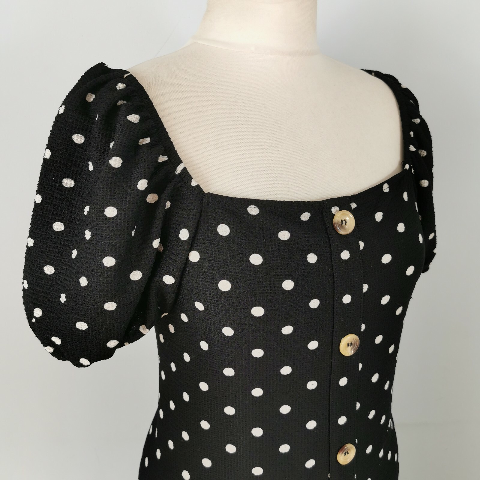 River Island Black Polka Dot Puff Sleeve Button Front Dress Size 14 Square Neck