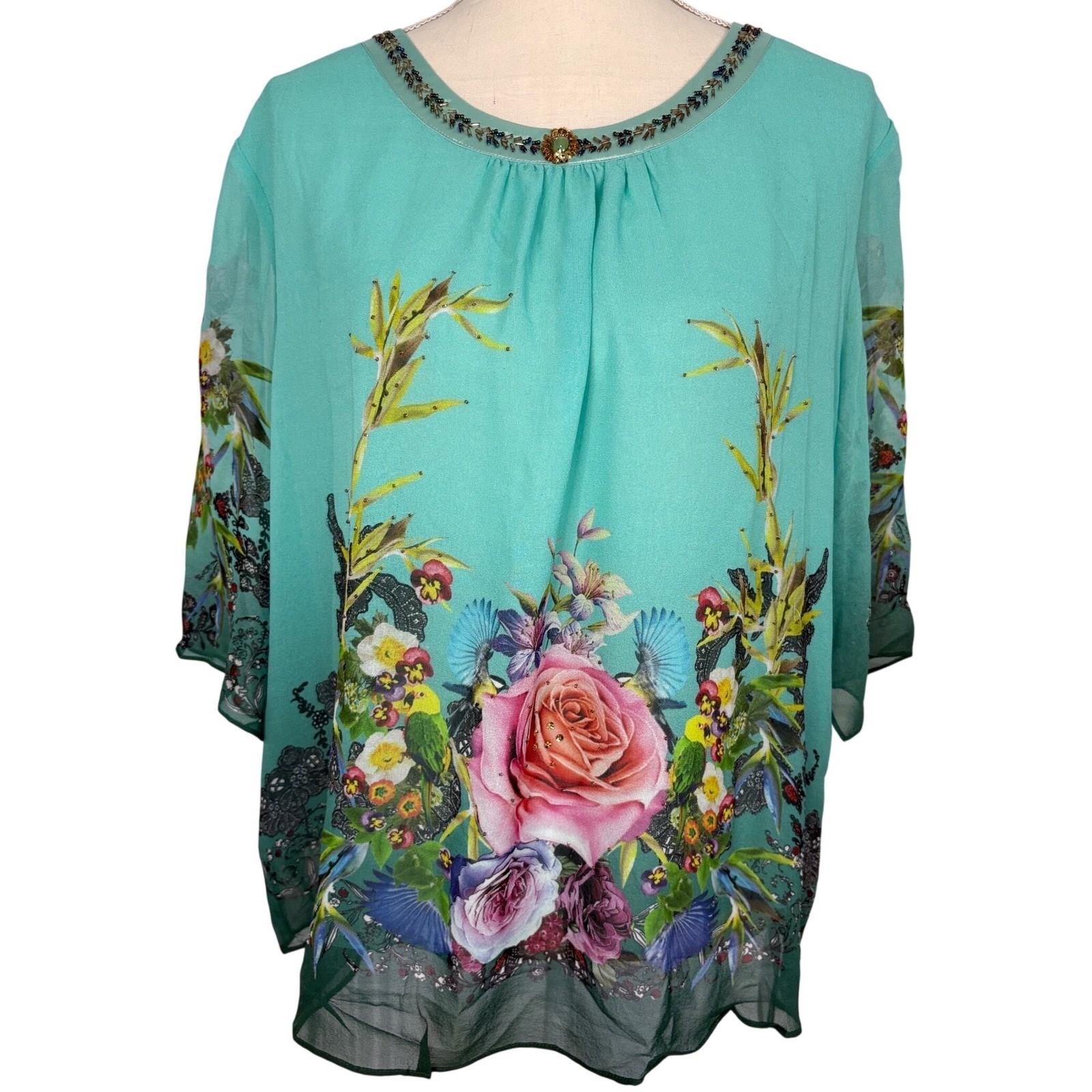 LESELE 100% Mulberry Silk Floral Beaded Blouse XL Green Boho Rose Bird Tunic