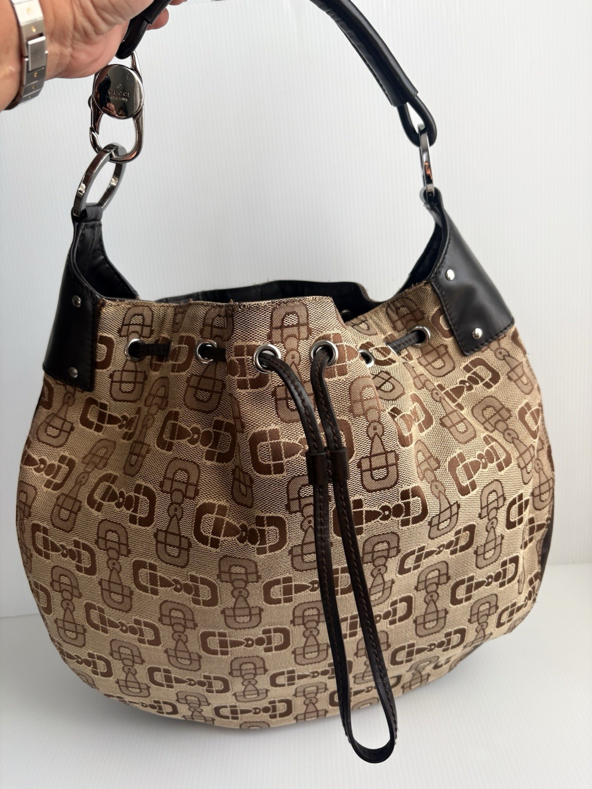 Gucci Horsebit Hobo Bag Canvas/Leather Large Tote EUC 506631